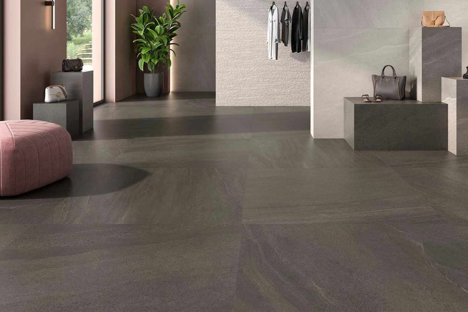 Fliese Sandstein-Optik dunkelgrau 90 x 90 cm "Eddystone Mica" Feinsteinzeug rektifiziert