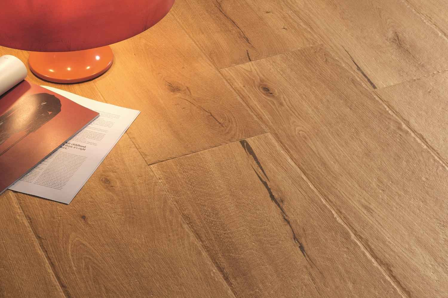 Fliese Holzoptik angedeutete unregelmäßige Kante warme Eiche 30x120 cm "I Roveri Asse di Rovere Intenso" rektifiziert