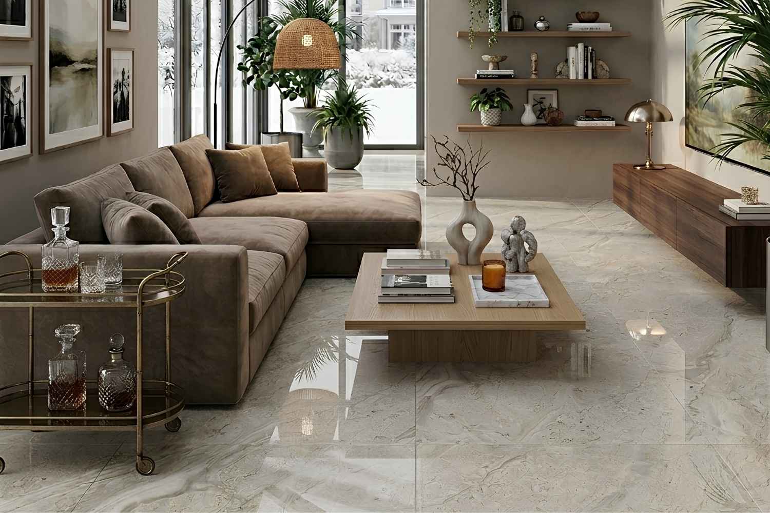 Restposten Fliese Steinoptik beige grau glänzend 80 x 80 cm "Dyna Pearl" Feinsteinzeug rektifiziert