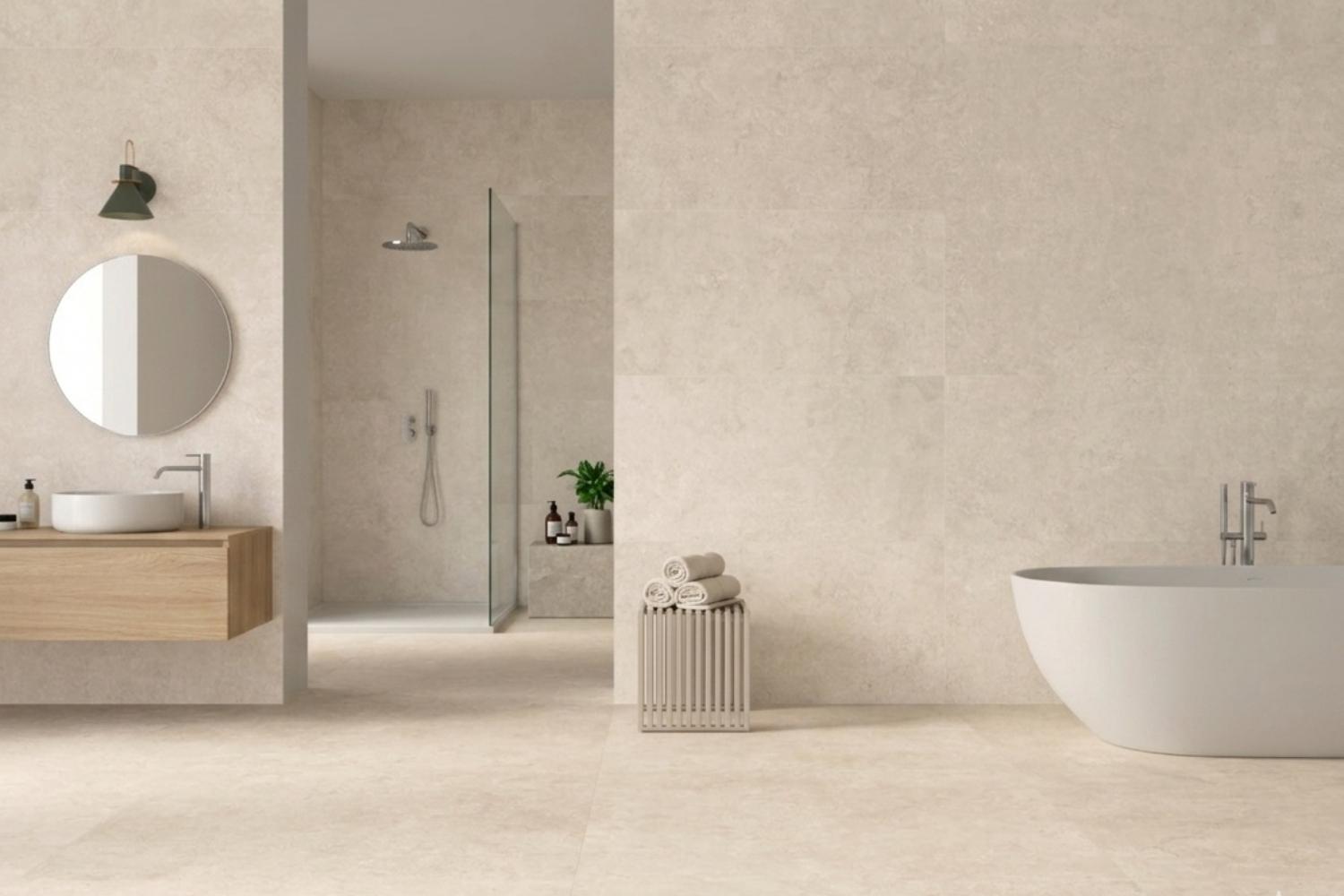 Fliese Steinoptik sand beige 60x60 cm  "Southwell Cross Bone" Feinsteinzeug rektifiziert