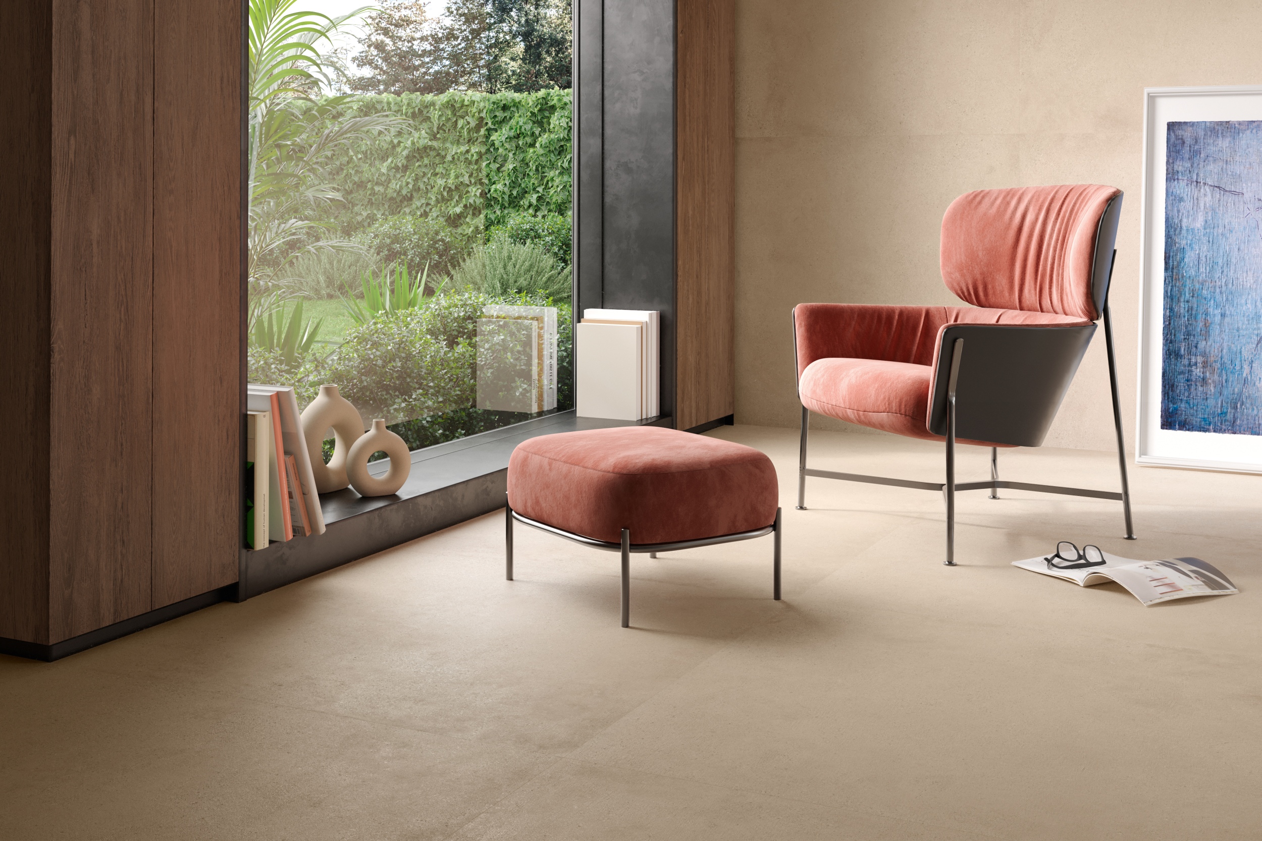 Fliese Zementoptik mit Terrazzo Logico Sand Sant Agostino beige im Wohnzimmer