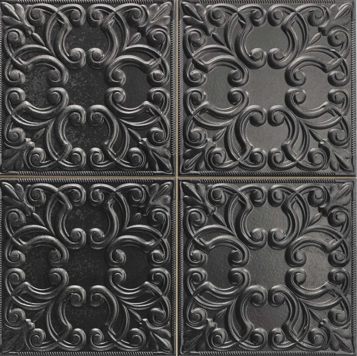 Antike Wandfliese Kachelofen-Fliese schwarz 44,2x44,2cm "Tin Tile Black" Vintage orientalisch metallisch schimmernd