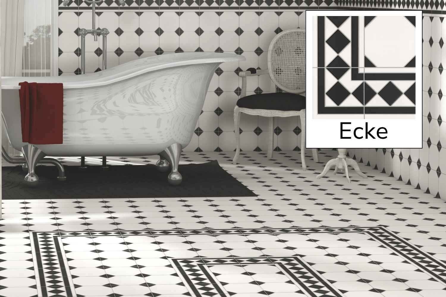 Patchwork-Fliese weiß-schwarz 33,3x33,3 cm "Oxford Negro Ecke" Feinsteinzeug rektifiziert