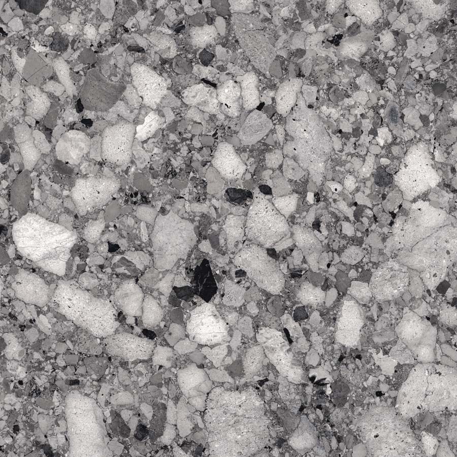 Fliese Terrazzo-Steinoptik dunkelgrau glänzend 120x120 cm "Veni Dark" rektifiziert