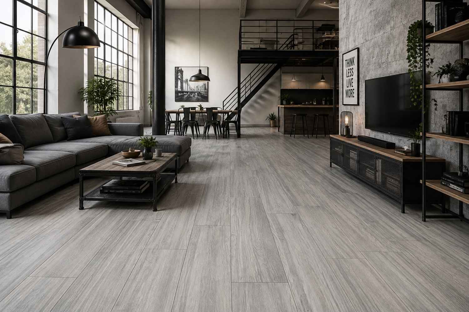 Graue Holzoptik-Fliese Noce im Format 20x120 cm in einem modernen Loft-Wohnzimmer mit großer Fensterfront, dunklen Möbeln und urbanem Wohnstil verlegt