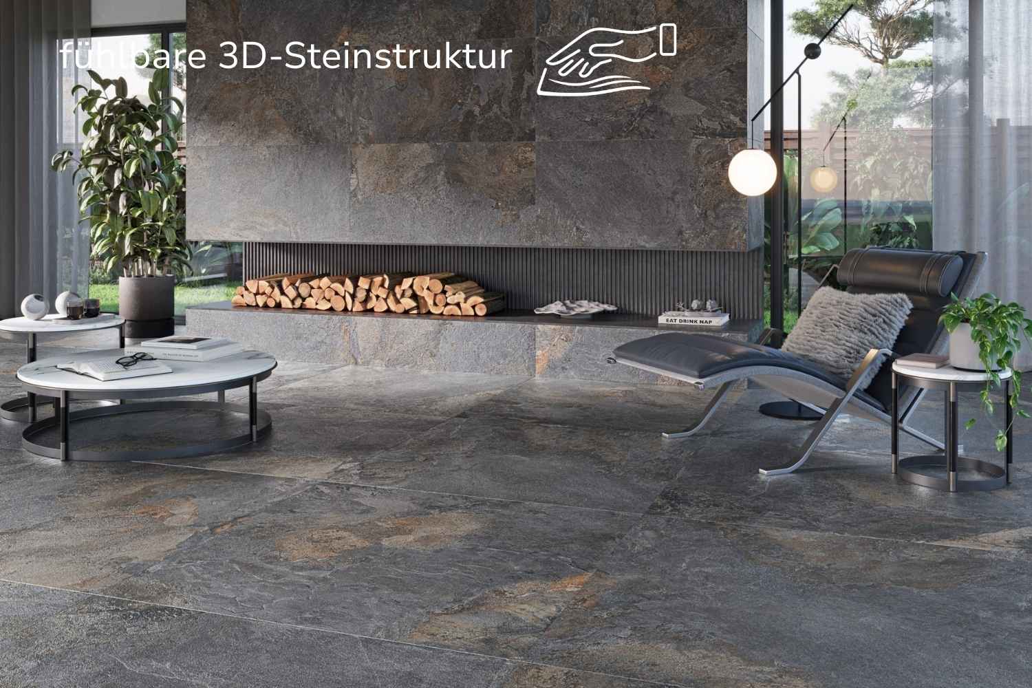 Fliese Natursteinoptik grau-blau matt 60 x 120 cm "Nebula Cobalt" Feinsteinzeug mit fühlbarer 3D-Steinstruktur