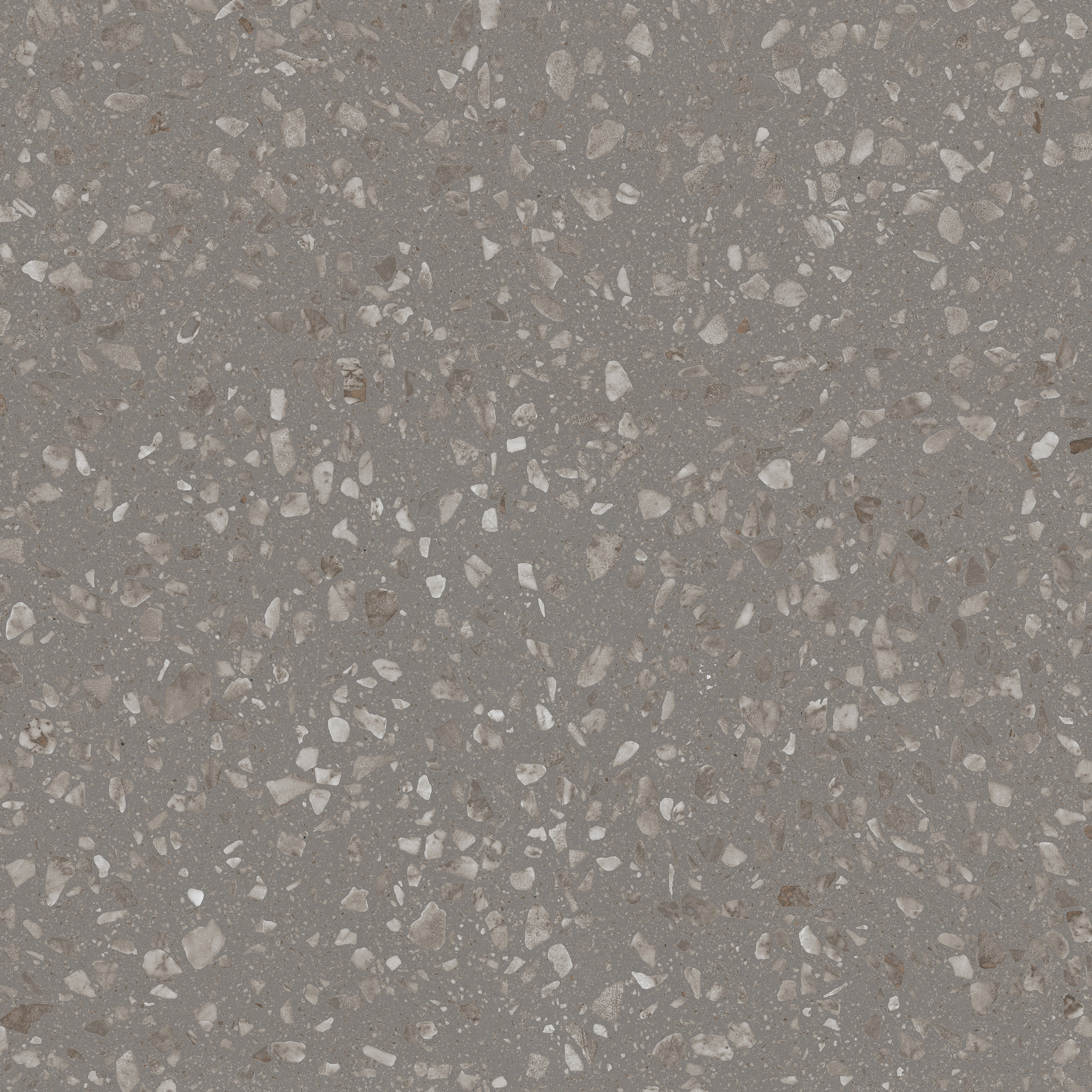 Freisteller der Sant Agostino Glow Grey im Format 90x90 cm mit grauem Grundton und feiner Terrazzo-Optik aus hellen und graubeigen Gesteinssplittern