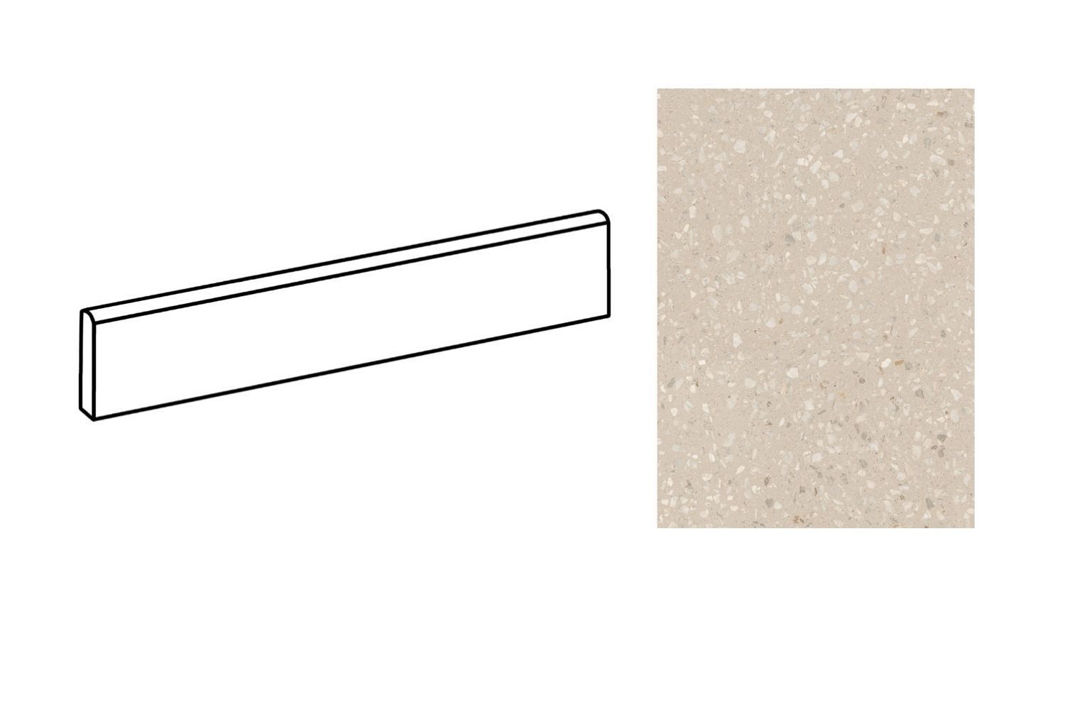 Sant Agostino Glow Sand Fliesensockel passend zur gleichnamigen Fliesenserie, in heller Terrazzo- und Steinoptik mit feinen hellen Einschlüssen