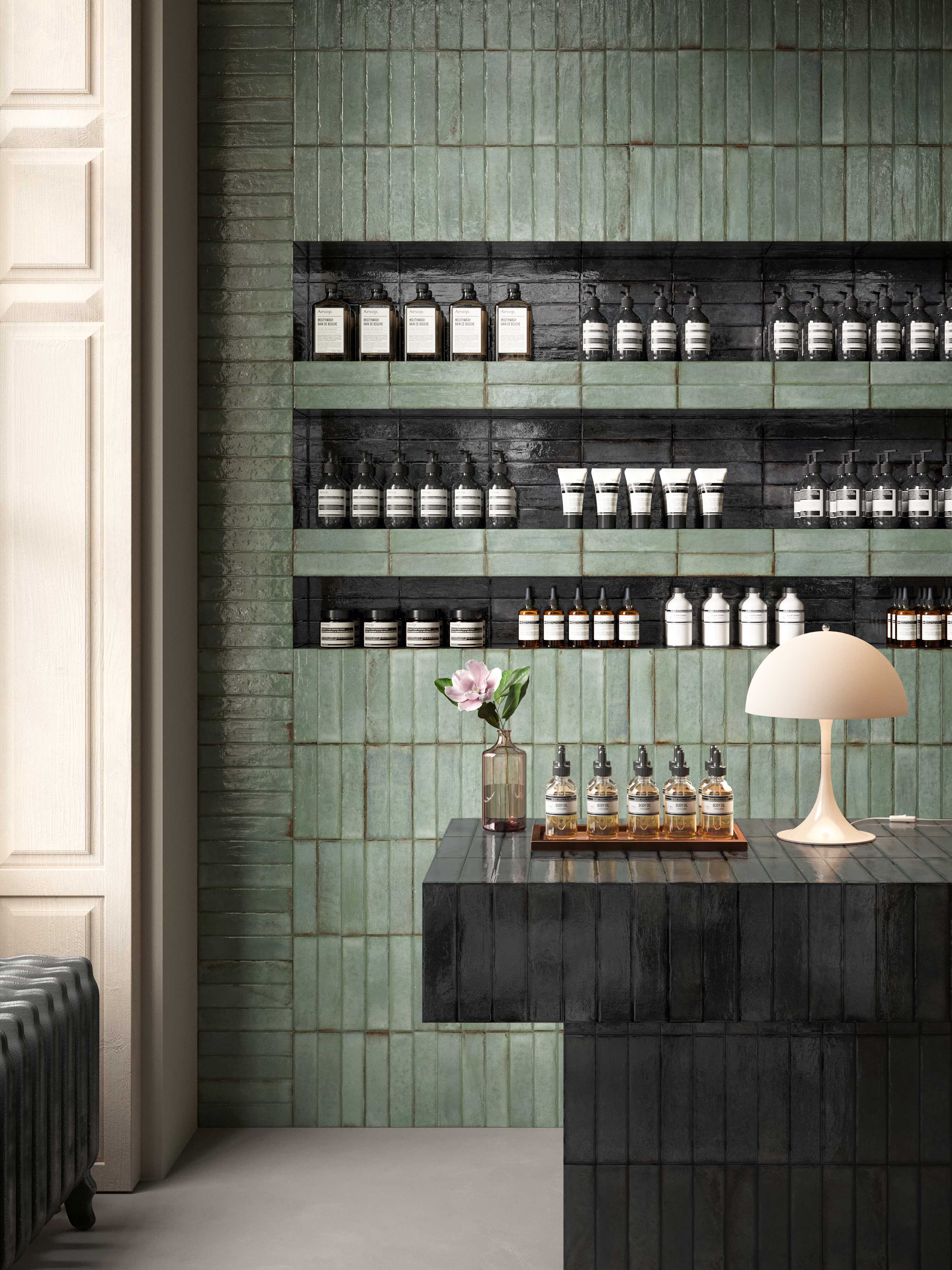 CSA_TETRIS-Sage-Luc-Smoke-Luc-Insideart-Grey120120-Nat_shop Fliese unregelmäßige Oberfläche 5x20 cm "Tetris Sage" grau-grün glänzend