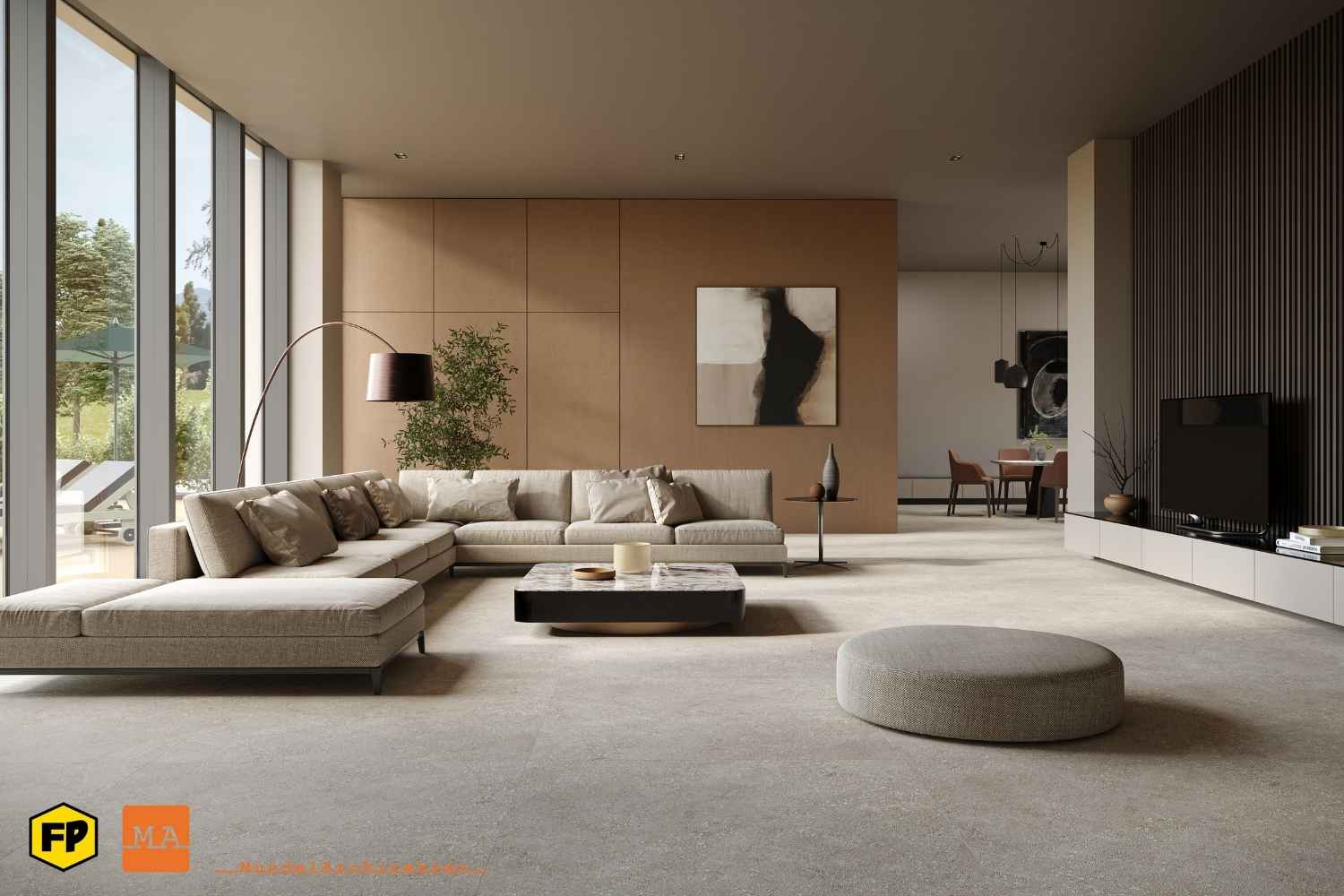Große Bodenfliesen 120×120 cm "Habitat Taupe" – XXL Feinsteinzeug in Terrazzo-Betonoptik rektifiziert