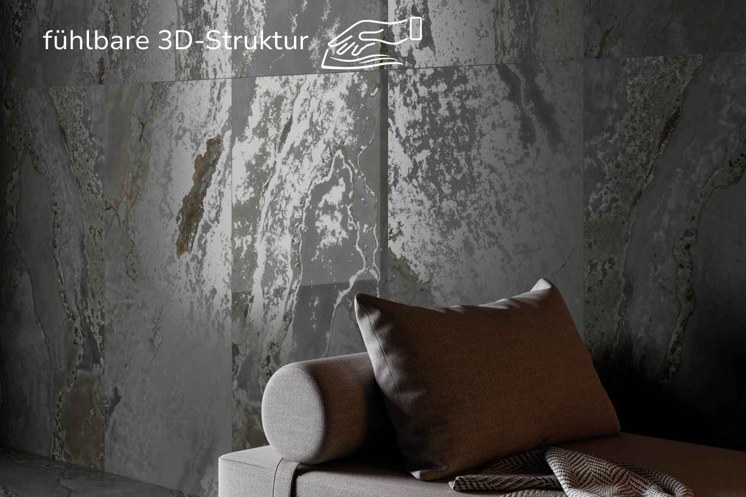 Fliese Metalloptik dunkelgrau matt 60x120cm "Planet Dark" Feinsteinzeug rektifiziert - mit fühlbarer 3D-Struktur