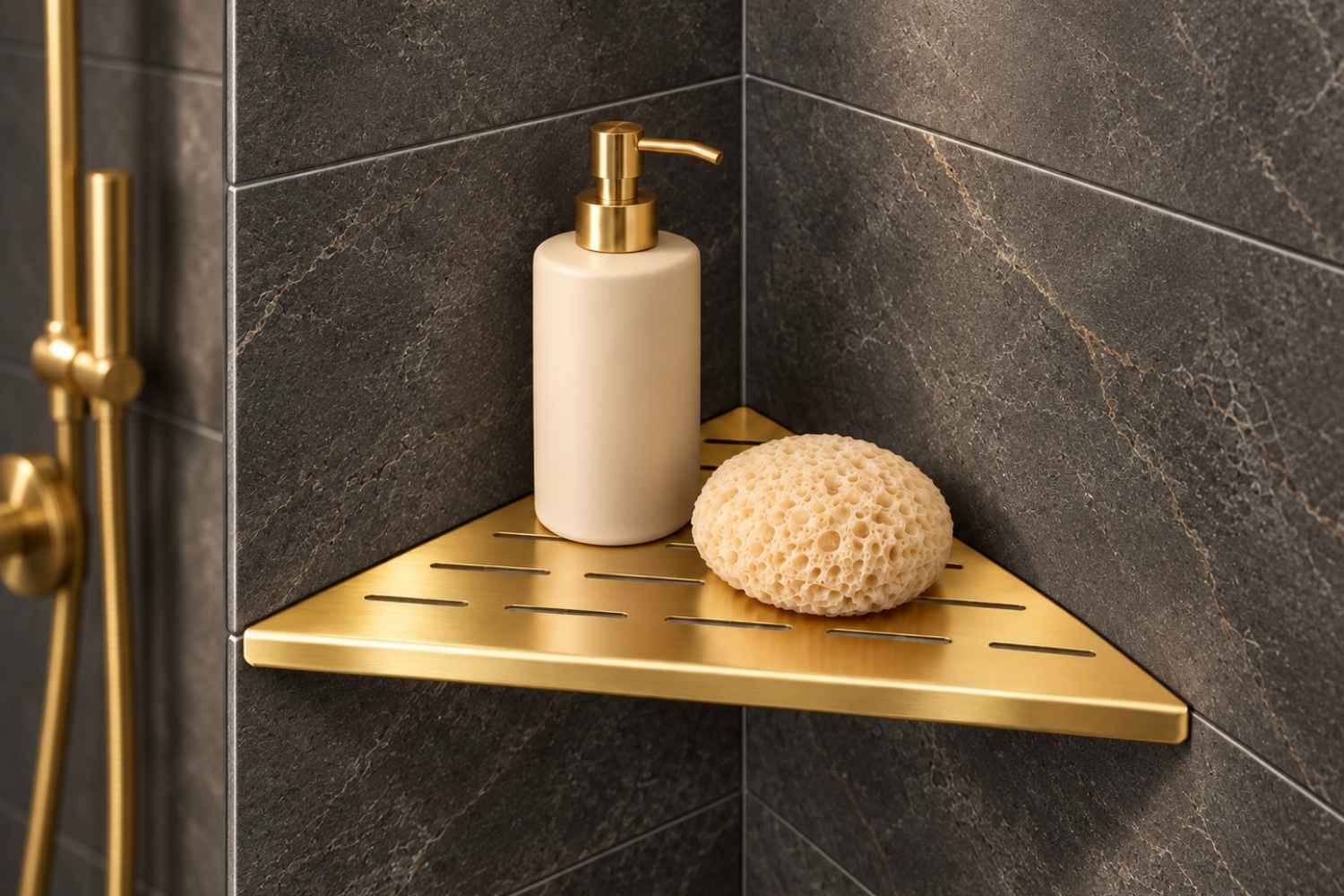 Duschablage Gold für Fliesenfuge – Edelstahl Eckregal 25,6×25,6x36 cm - Stärke 1,2mm - ohne Bohren