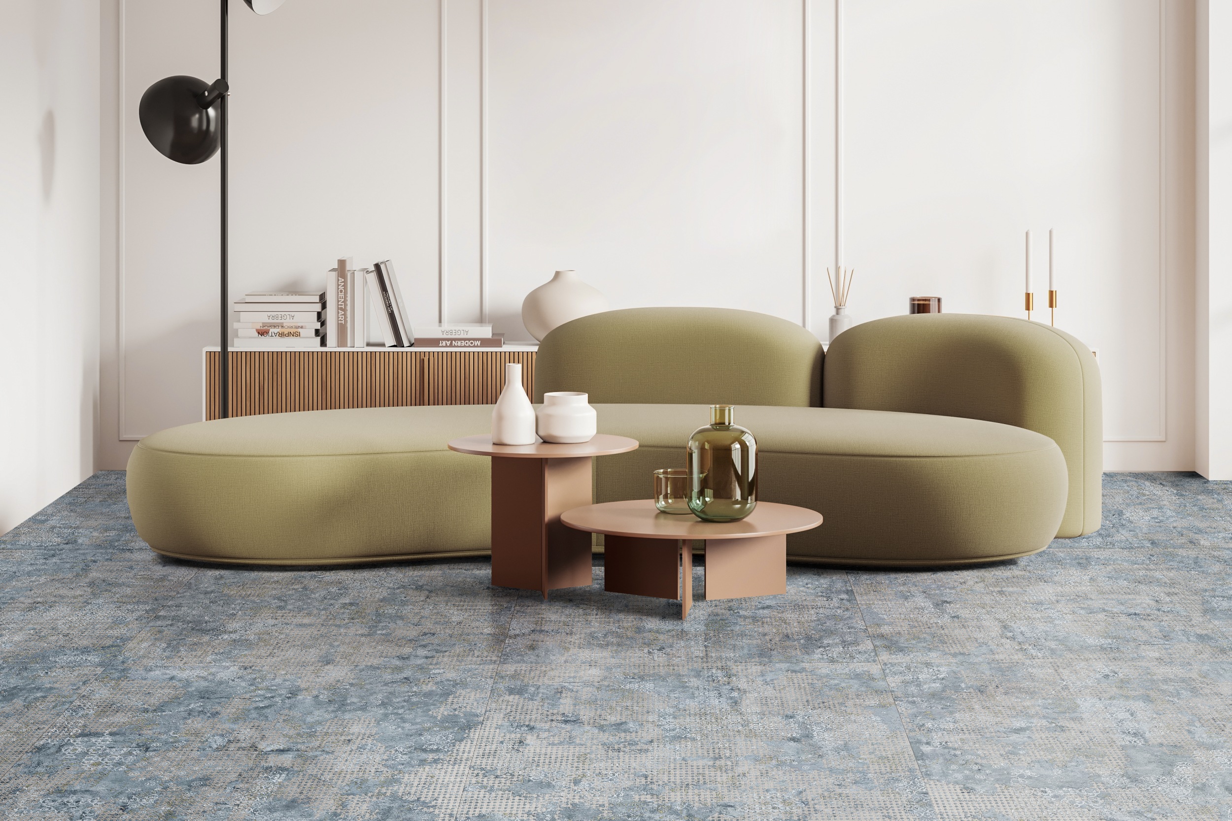 Bodenfliesen Teppichoptik Rug Blue im Wohnzimmer Fliese Vintageoptik blau Ambiente Bodenfliesen Teppichoptik Rug Blue im Wohnzimmer Fliese Vintageoptik blau Ambiente