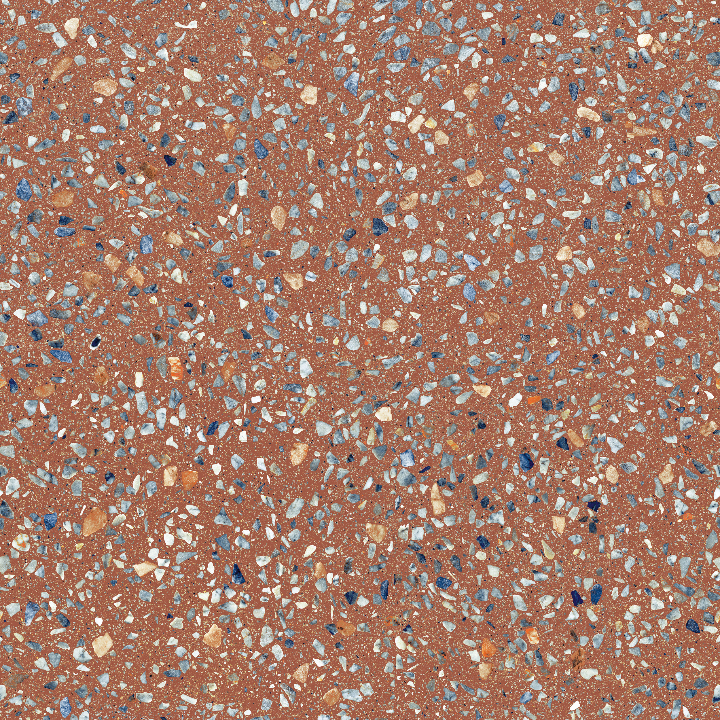 Freisteller der Sant Agostino Glow Plus Sunset im Format 120x120 mit warmer terrakottafarbener Terrazzo-Optik und bunten Steinfragmenten in Blau, Beige, Weiß und Grau