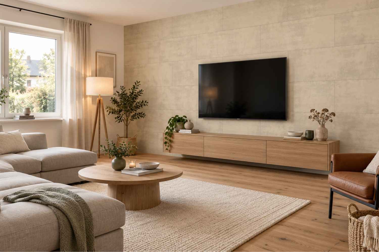 SPC Wandpaneele Stone Nacar in heller beiger Steinoptik mit dezenter wolkiger Struktur und sichtbaren Fugen hinter einem Wandfernseher und schwebendem Holzlowboard im Wohnzimmer mit beigem Sofa.