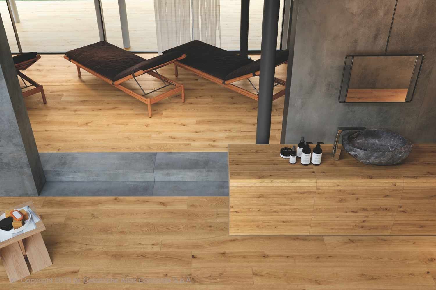 Fliese Holzoptik warme Eiche hellbraun 20x120 cm "Exence Amber" Feinsteinzeug  rektifiziert