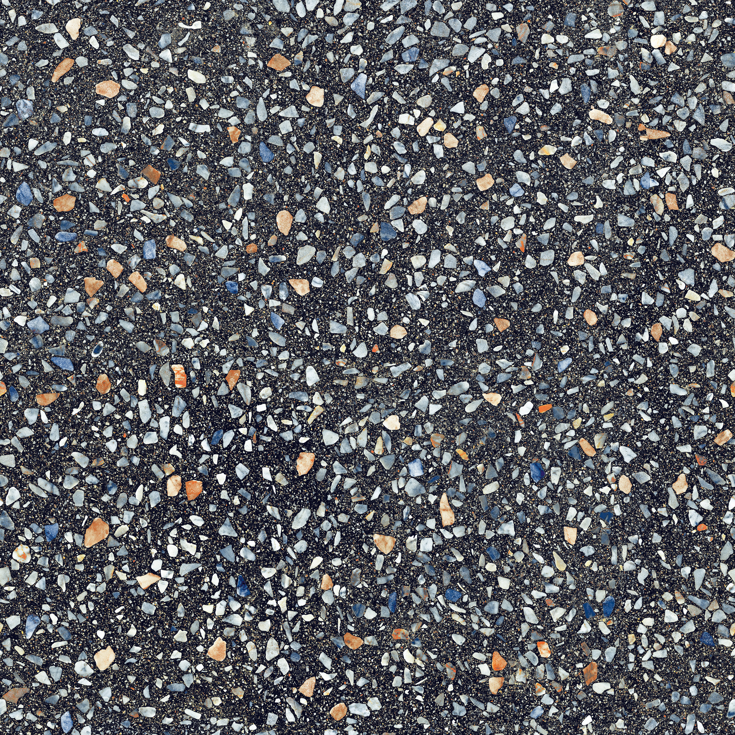 Freisteller der Sant Agostino Glow Plus Night im Format 120x120 cm mit dunkler Terrazzo-Optik und farbigen Steinfragmenten in Grau, Blau, Beige und Orange