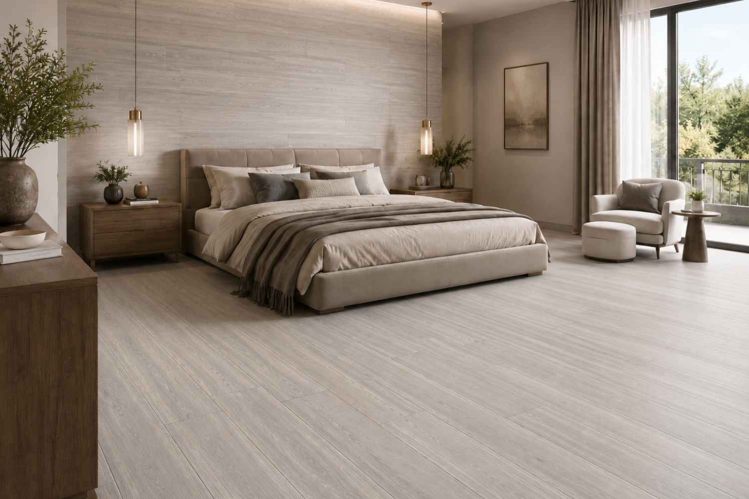 Olmo Beige 20x120 cm matt als Boden- und Wandfliese in heller Holzoptik im gemütlichen Schlafzimmer