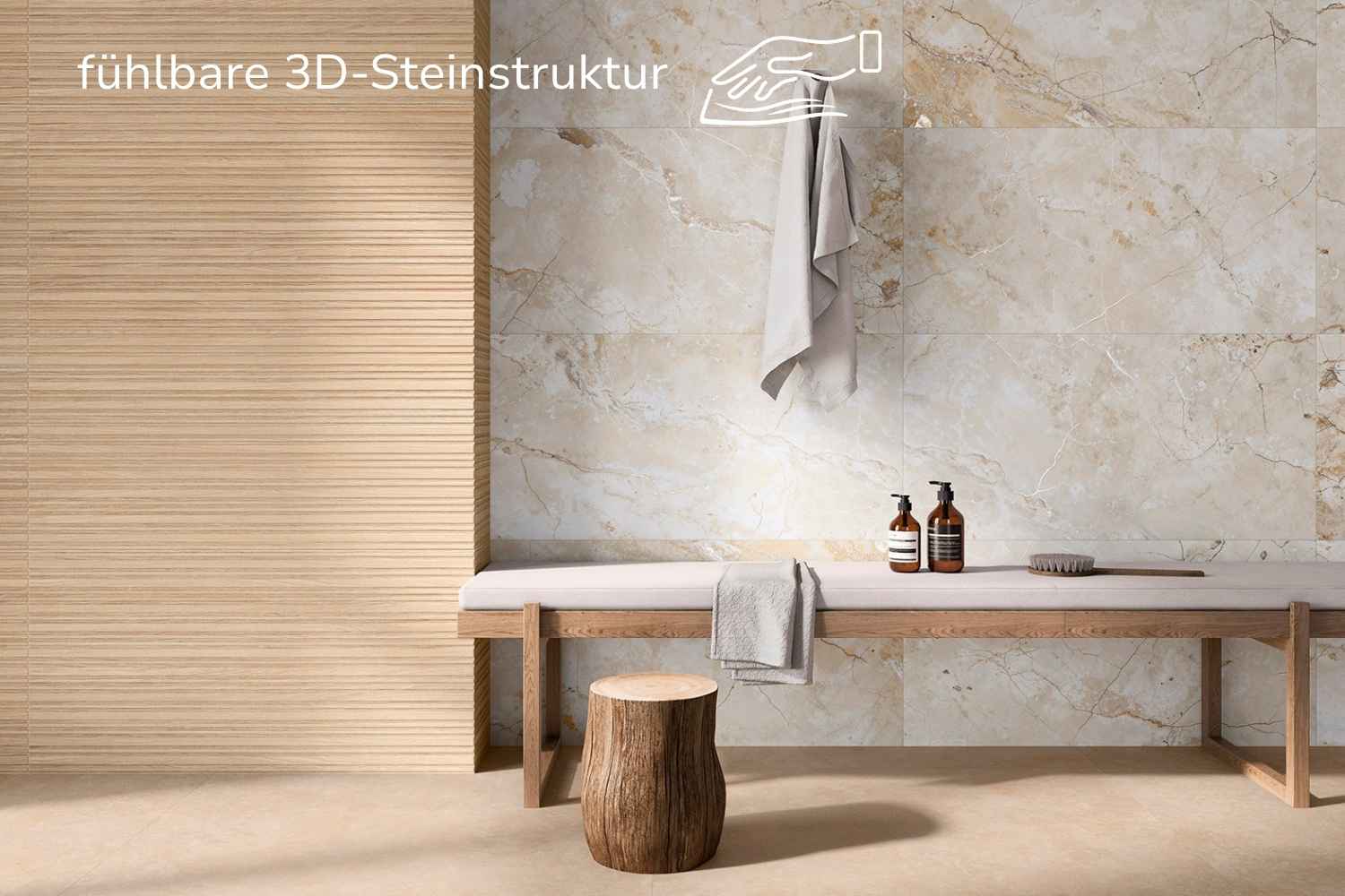 Fliese Marmoroptik beige matt 60x120cm "Golden Mist" Feinsteinzeug mit fühlbarer 3D-Steinstruktur