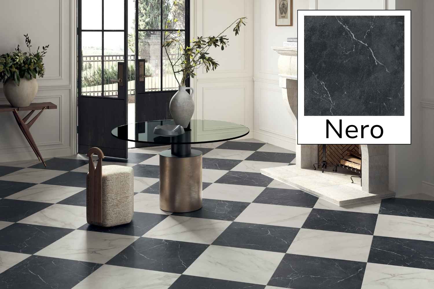 Fliese Marmoroptik schwarz 30x30 cm „Schachbrett Nero“ Feinsteinzeug rektifiziert