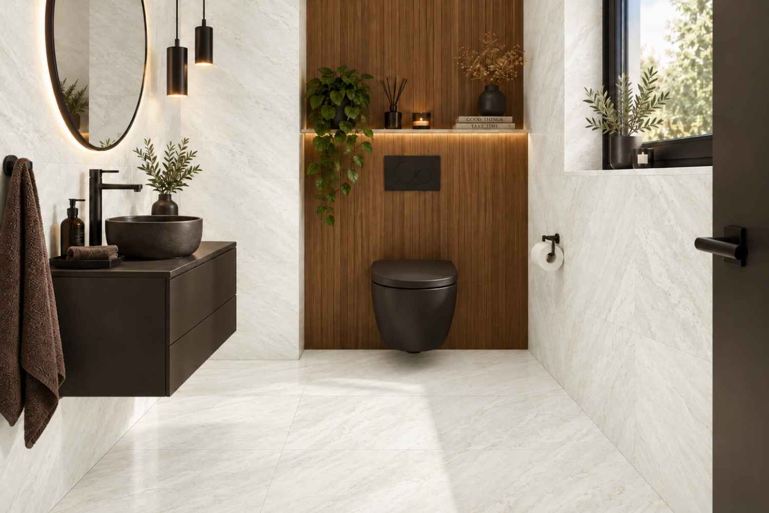 Refin Prestigio Kaleidos Diamante als helle Boden- und Wandfliese in eleganter Breccia-Marmoroptik mit weißen, cremefarbenen und sanft grauen Nuancen in einem modernen Gäste-WC mit dunklen Möbeln und Holzverkleidung
