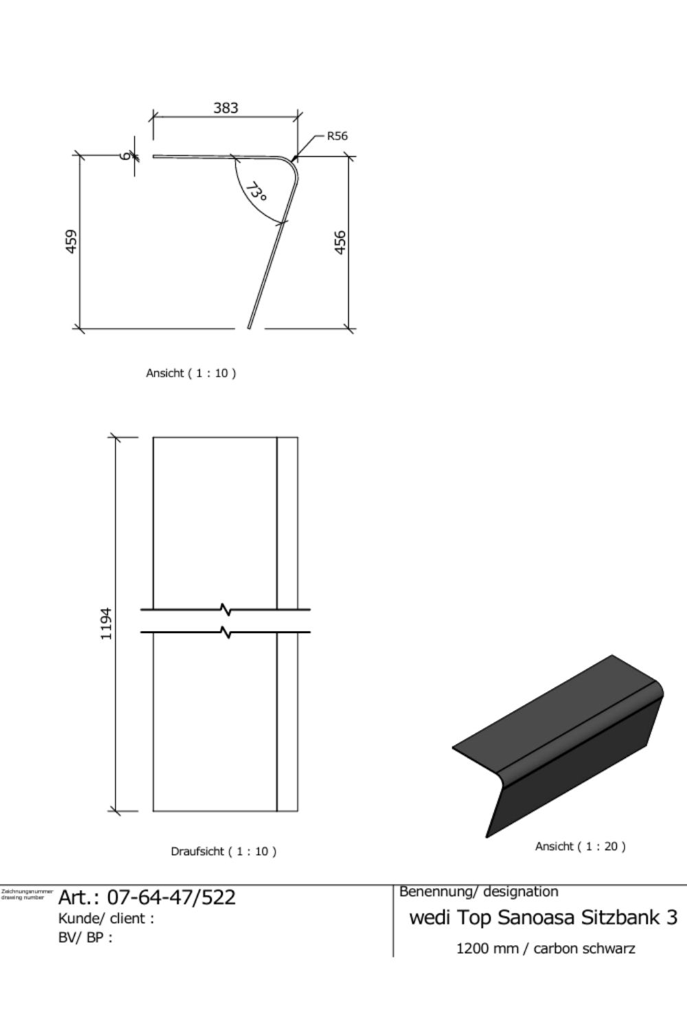 wedi Sanoasa Top Sitzbank "Carbon Schwarz" Natursteinoptik – montagefertige Oberfläche 120x38x45,9 cm
