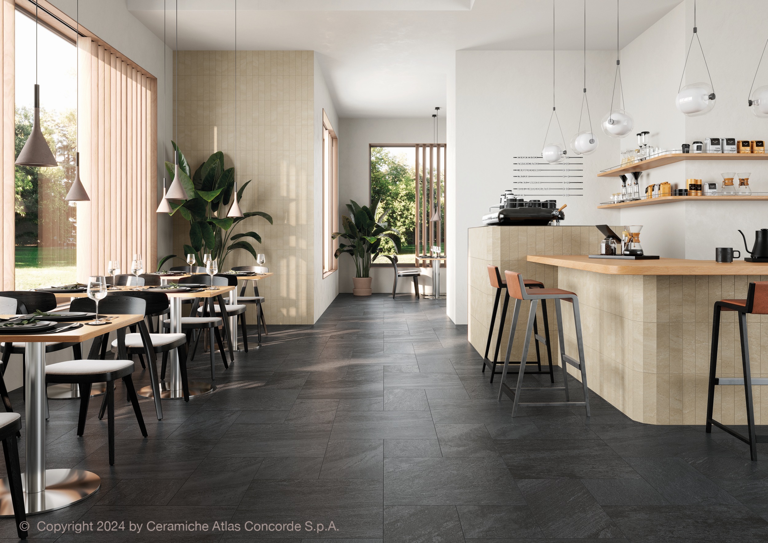 Fliese Steinoptik Ultrablock Coke anthrazit schwarz Bodenfliese Wandfliese Natursteinoptik im Esszimmer Wohnzimmer