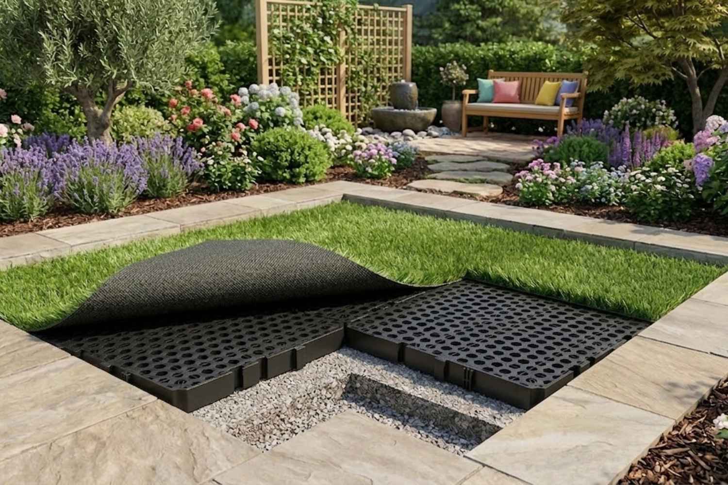 Wabenplatten Verlegung auf Balkon Unterbau für Kunstrasen und Terrassenplatten