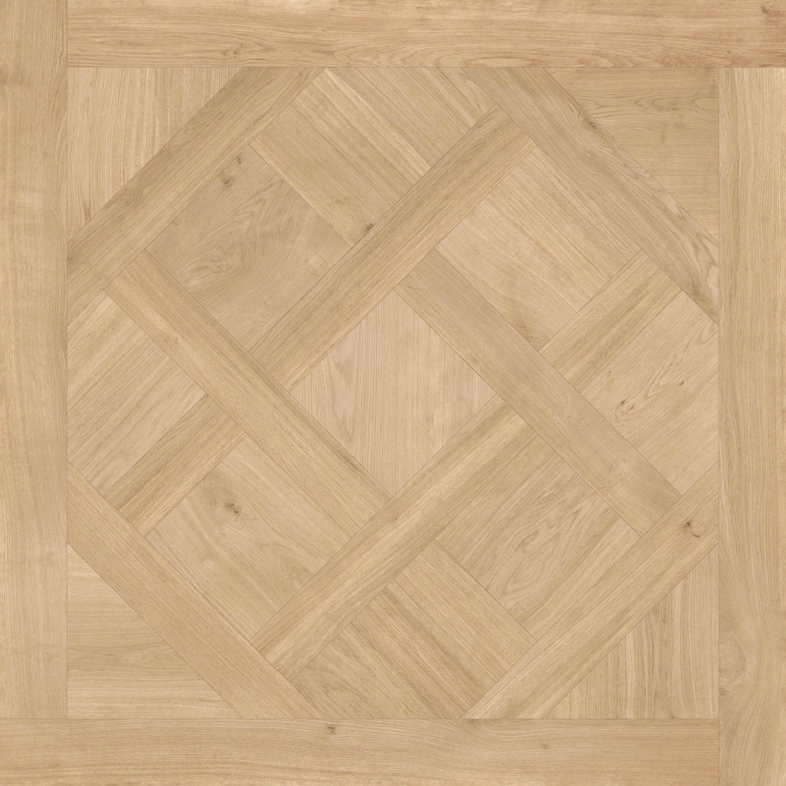 Freisteller der Sant Agostino Ricordi Classic 01 Primewood Natural im Format 90x90 cm mit heller natürlicher Holzoptik, feiner Eichenmaserung und geometrischer Tafelparkett- beziehungsweise Kassettenparkett-Struktur