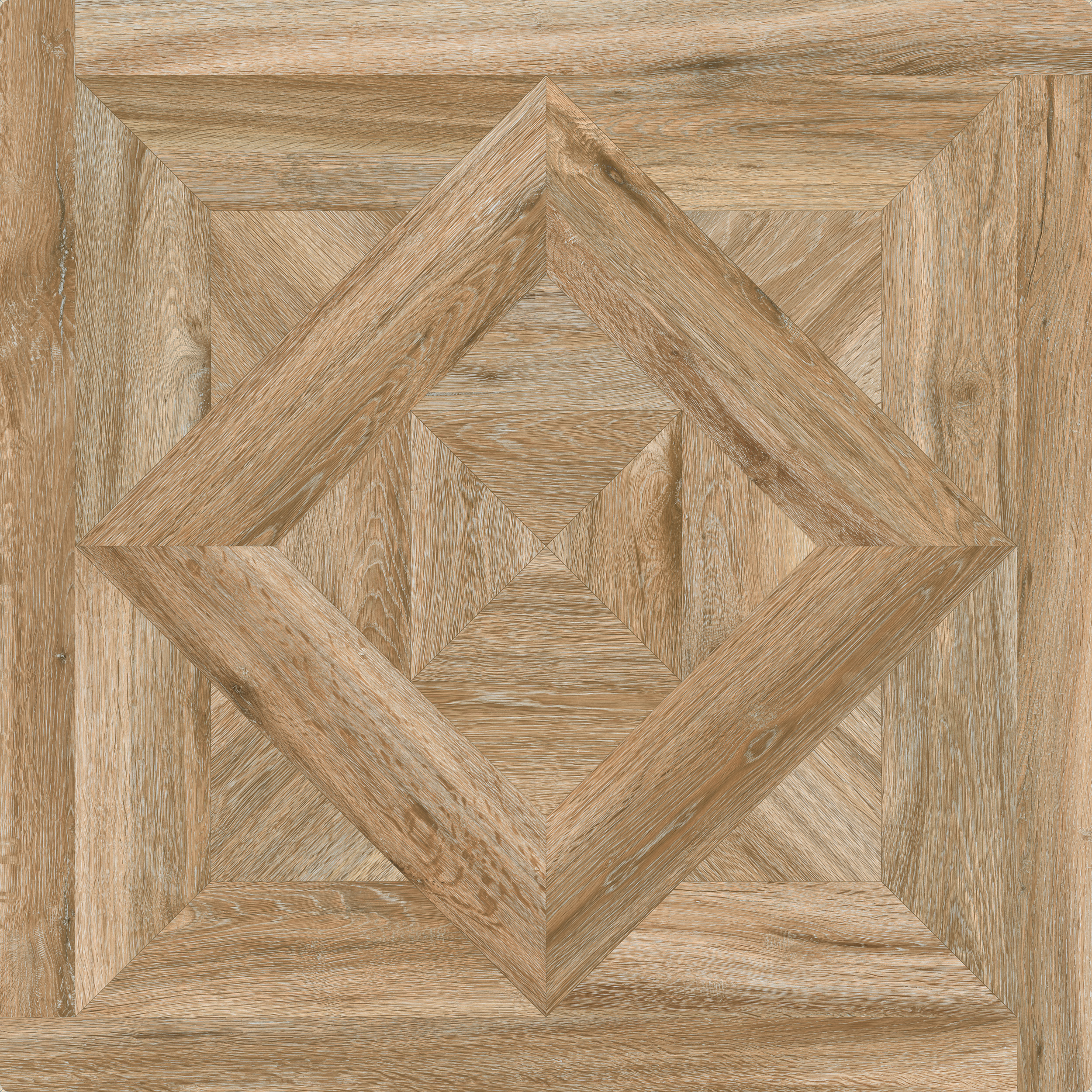 Freisteller der Sant Agostino Ricordi Glam 02 Barkwood Natural im Format 90x90 cm mit natürlicher Holzoptik, lebendiger Maserung und aufwendig geometrischer Tafelparkett- und Kassettenparkett-Struktur