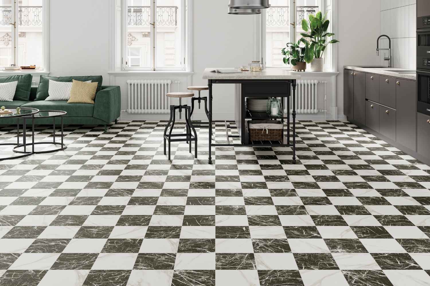 Fliese Marmor-Optik schwarz-weiß gold matt 44,2x44,2cm "Chess Marquina Gold" Feinsteinzeug rektifiziert