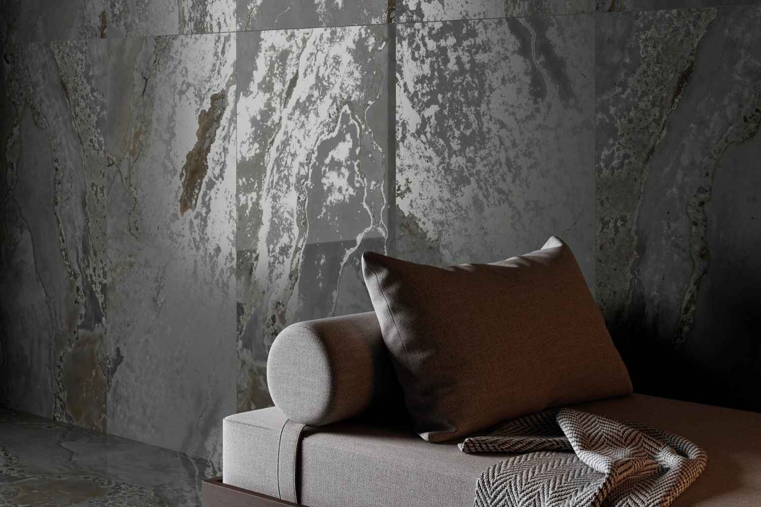 Fliese Metalloptik dunkelgrau glänzend 60x120cm "Planet Dark" Feinsteinzeug rektifiziert