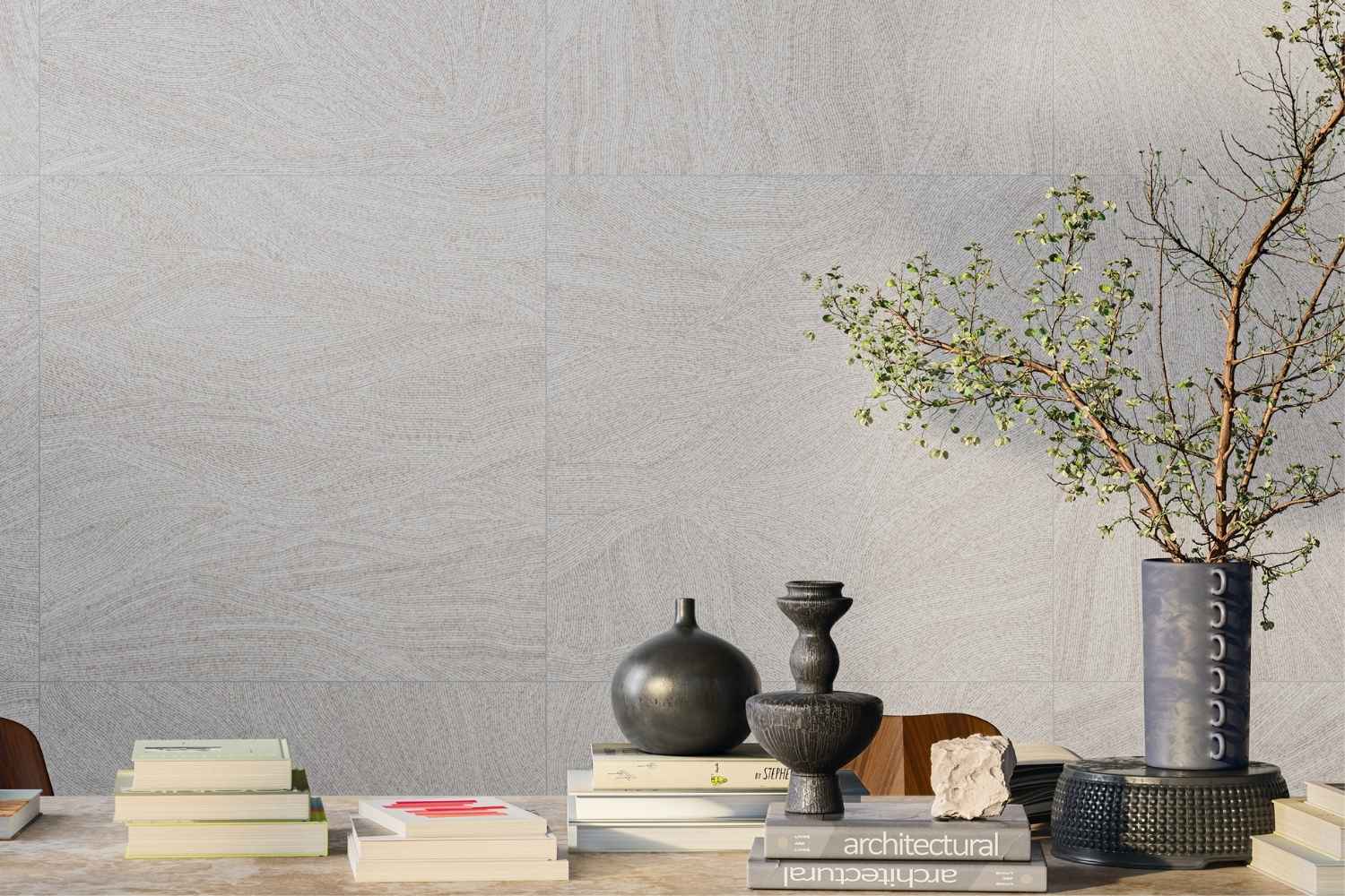 Refin Ink Grace als Wandfliese in heller Grau- und Beigeoptik mit feiner textilartiger Struktur, sanft geschwungenem Linienbild und moderner Designwirkung