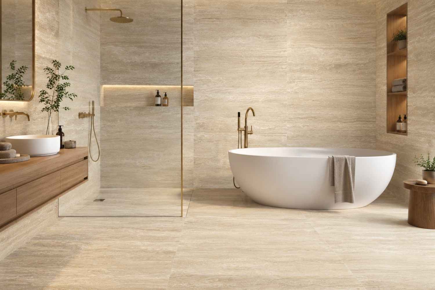 Travertin-Steinoptik goldig-warm 60x120cm matt "Marvet Golden" Feinsteinzeug rektifiziert