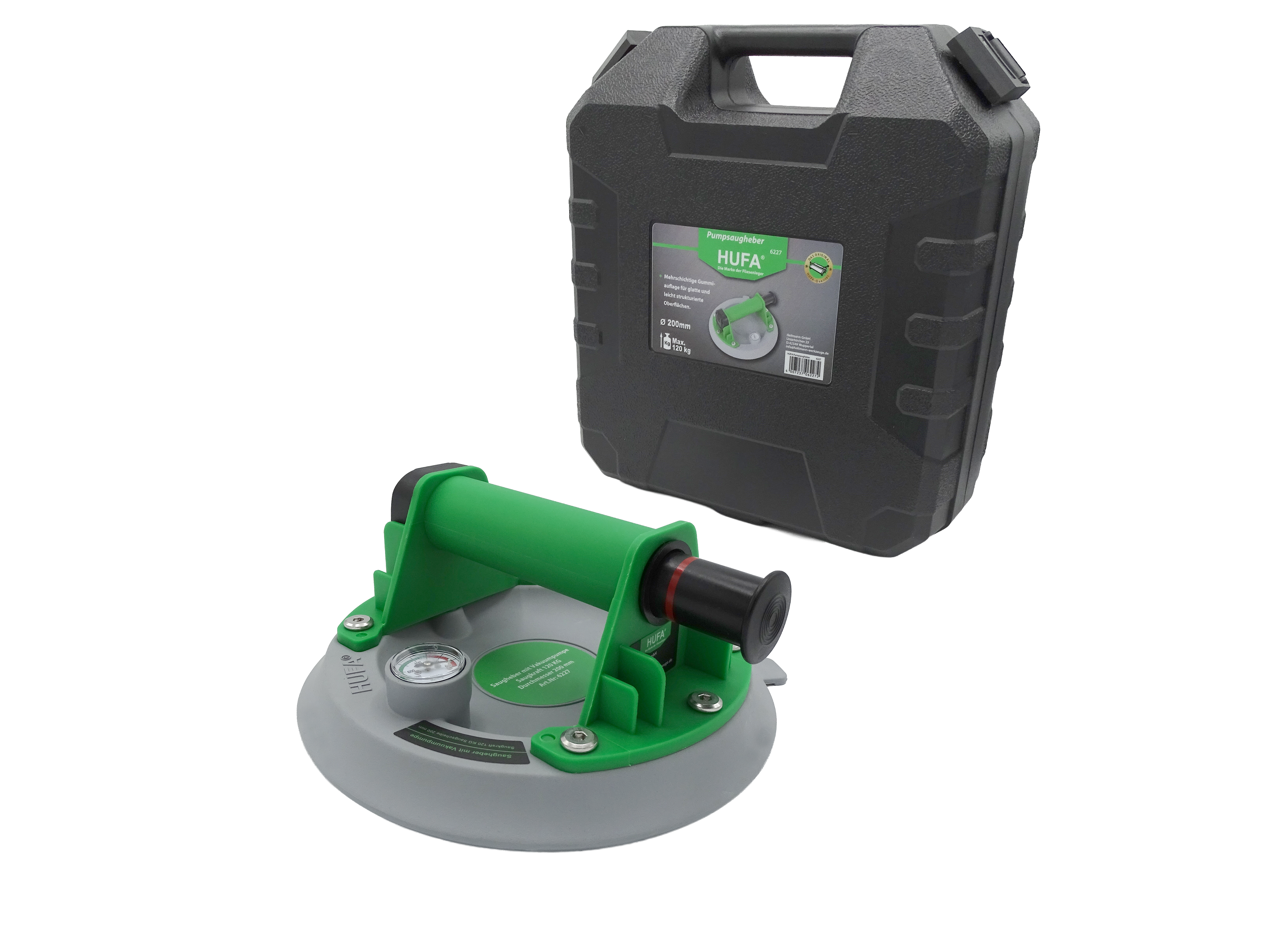 Hufa Vakuum-Saugheber mit Manometer und 200 mm Saugscheibe inklusive robustem Transportkoffer für Fliesen und großformatige Platten