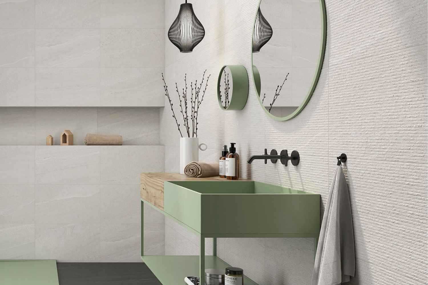 Wandfliese 3D Sandstein-Optik weiß 33,3 x 100 cm "Eddystone Blanco" Feinsteinzeug rektifiziert 