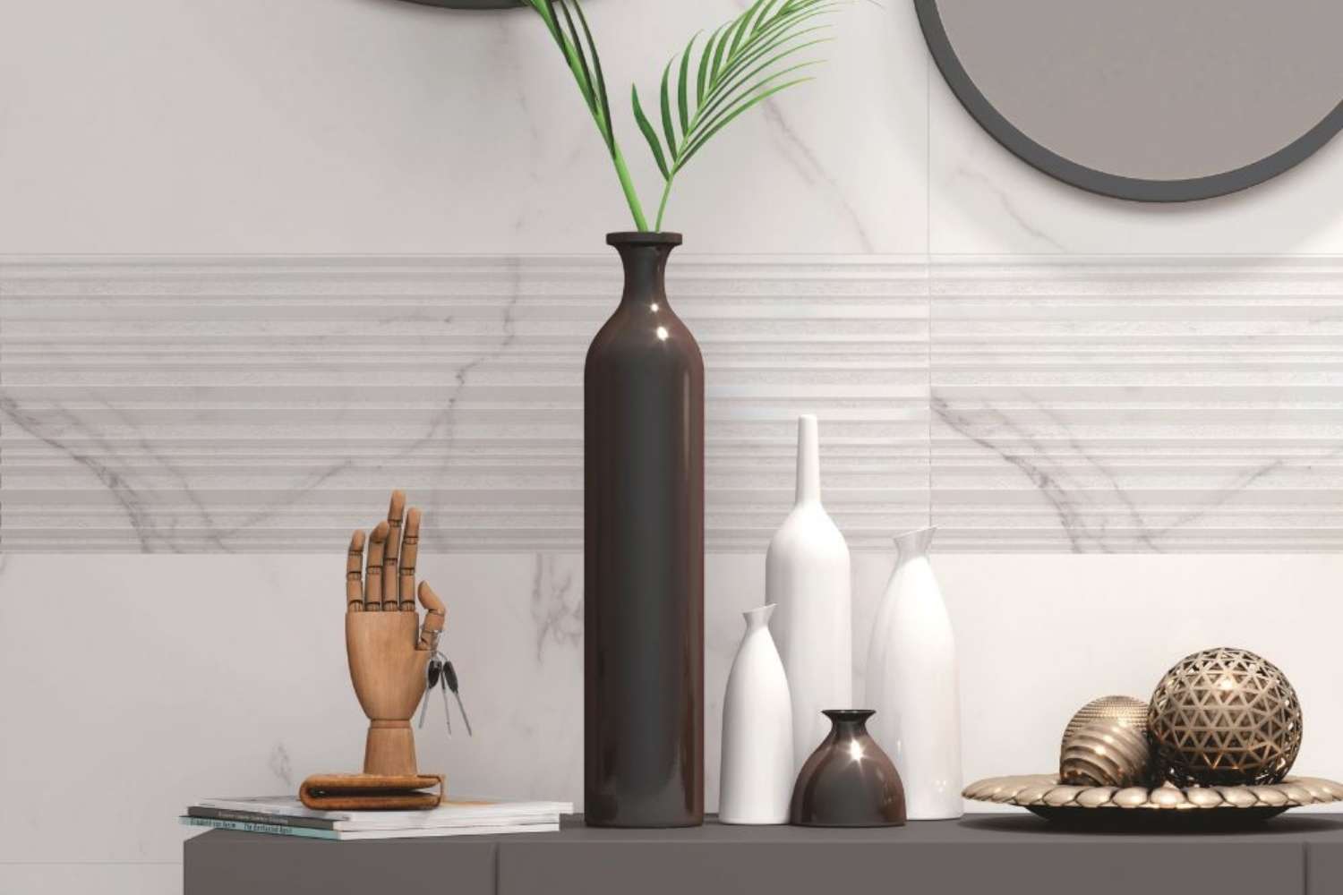 Halcon Palatina weiß matt als 3D Relief Wandfliese in heller Marmoroptik mit feiner grauer Maserung, dekorativ kombiniert mit Spiegeln und Wohnaccessoires