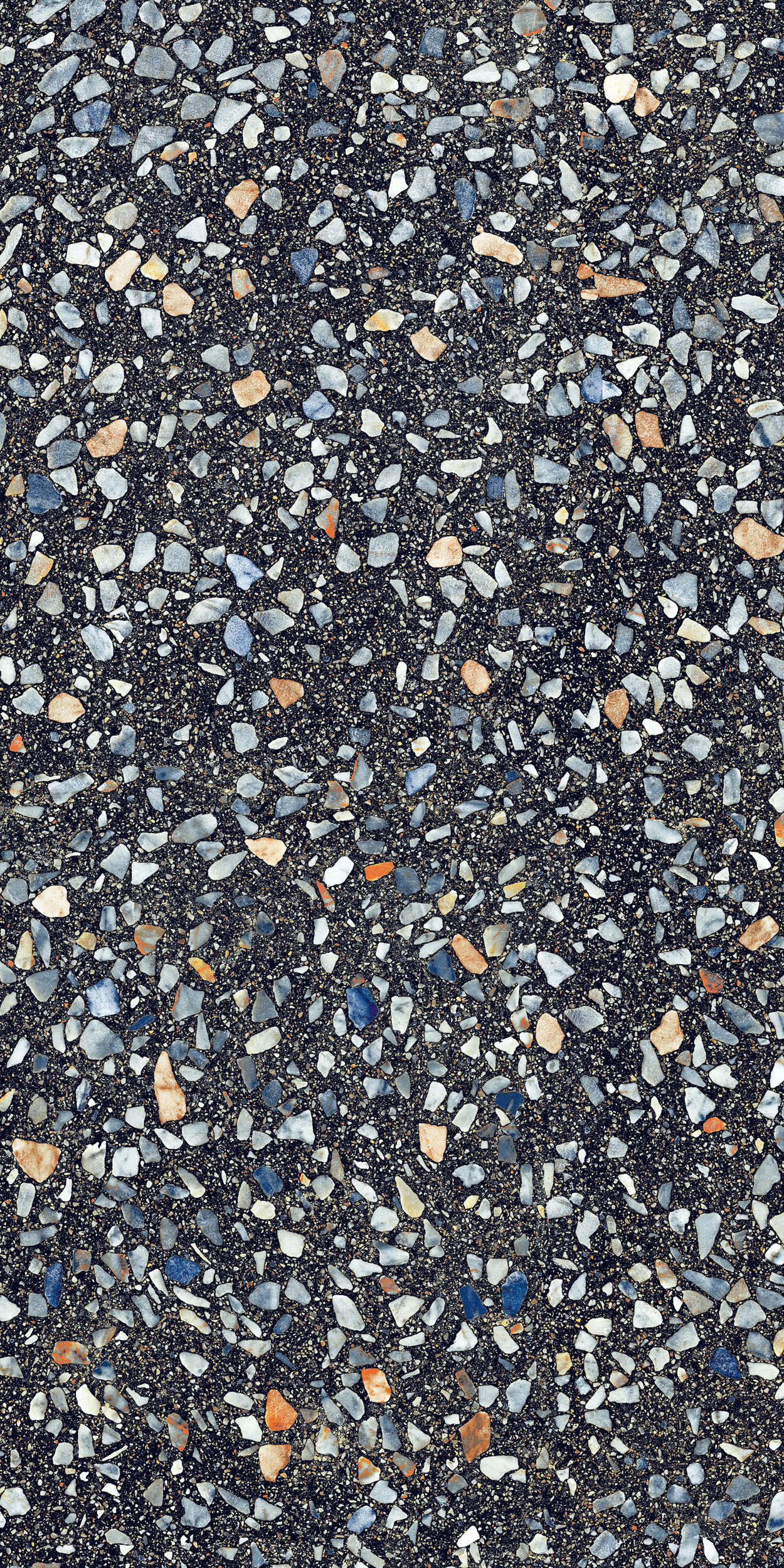 Freisteller der Sant Agostino Glow Plus Night im Format 60x120 cm mit dunkler Terrazzo-Optik und farbigen Steinfragmenten in Grau, Blau, Beige und Orange