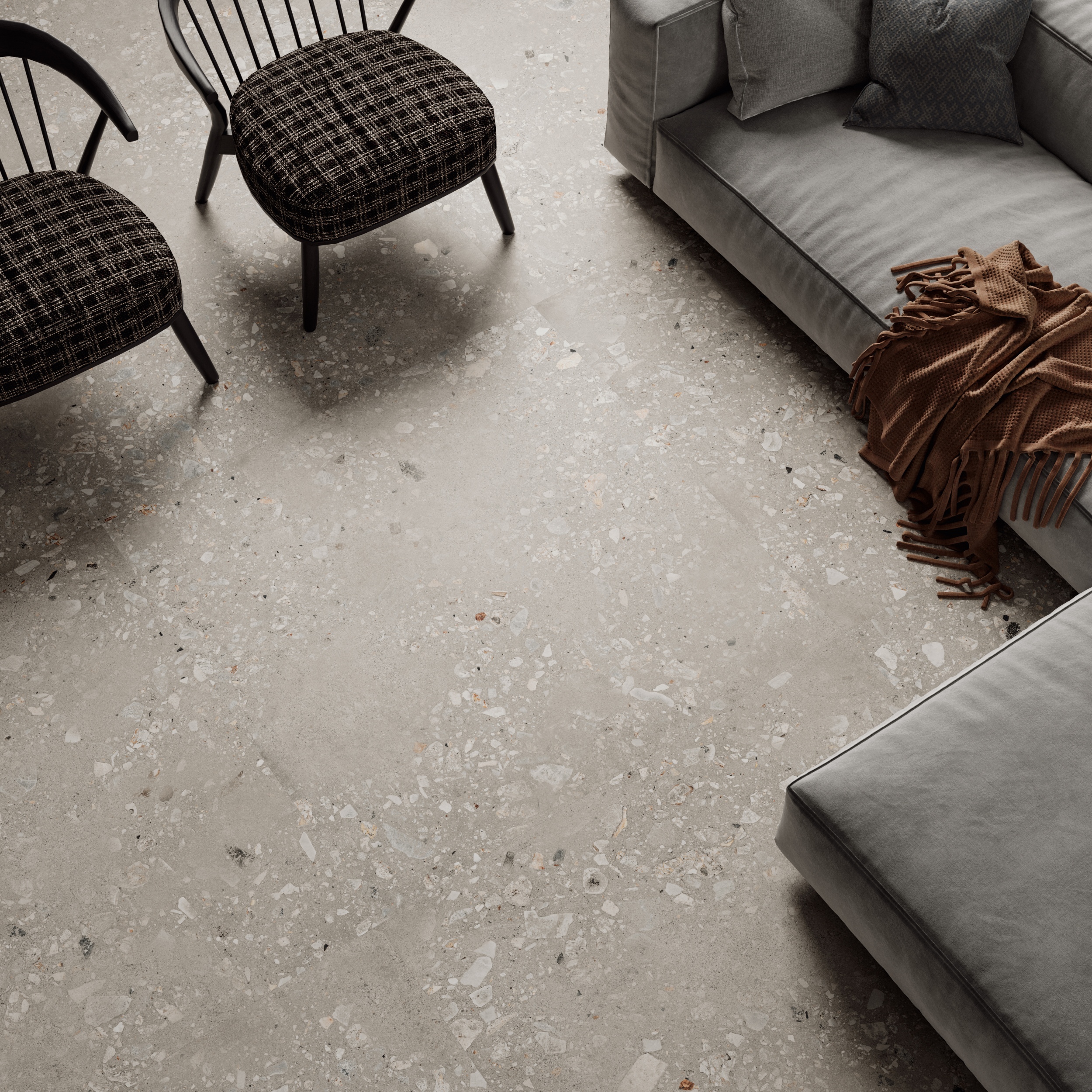 Fliese Terrazzo-Optik Logico Cosmo Cement Sant Agostino grau-braun im Wohnzimmer