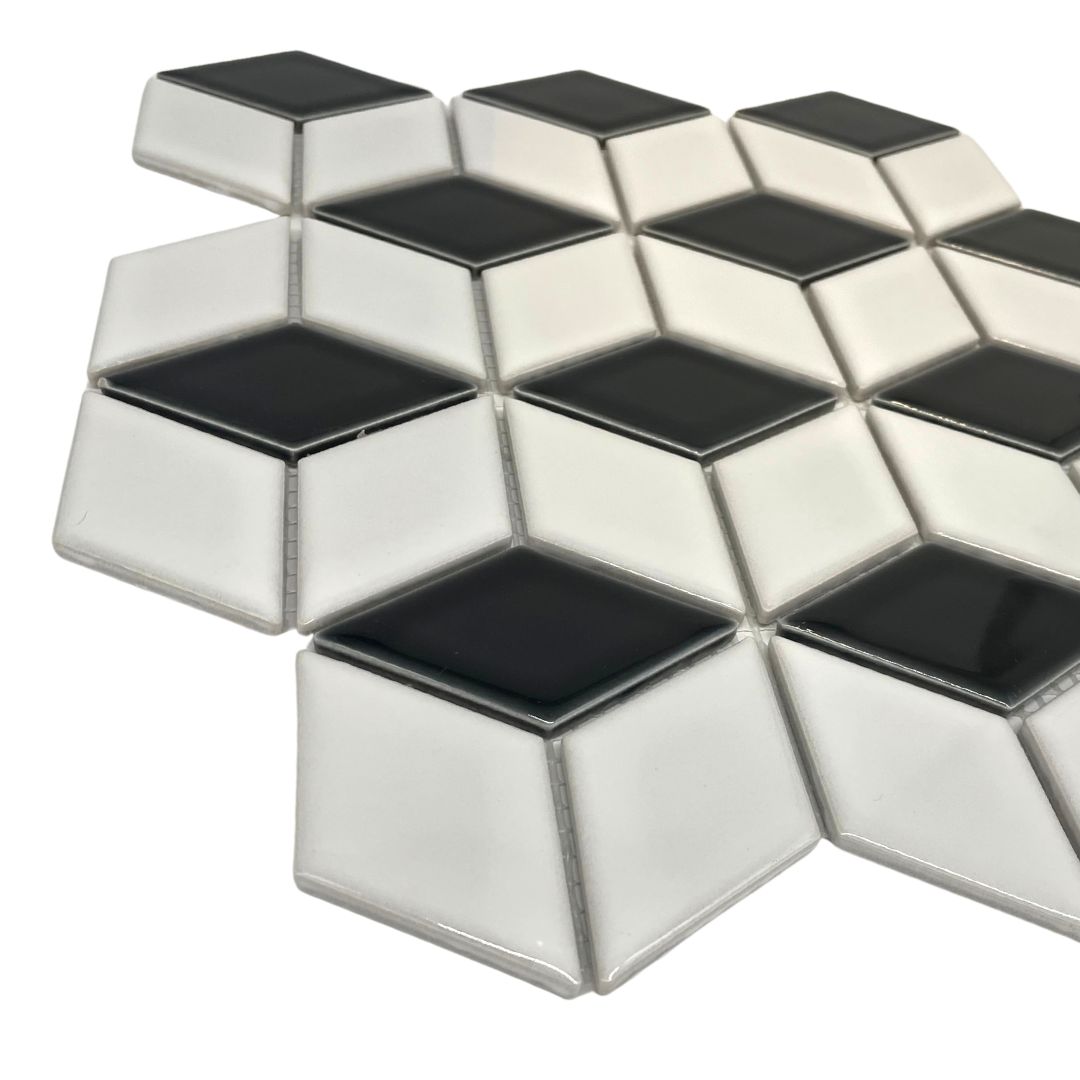 Mosaikfliesen 3D Würfel weiß schwarz glänzend 26,6x30,5 cm netzverklebt