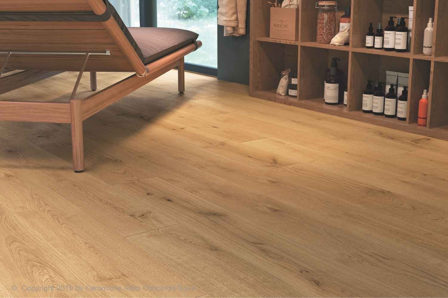 Fliese Holzoptik warme Eiche hellbraun 20x120 cm "Exence Amber" Feinsteinzeug  rektifiziert