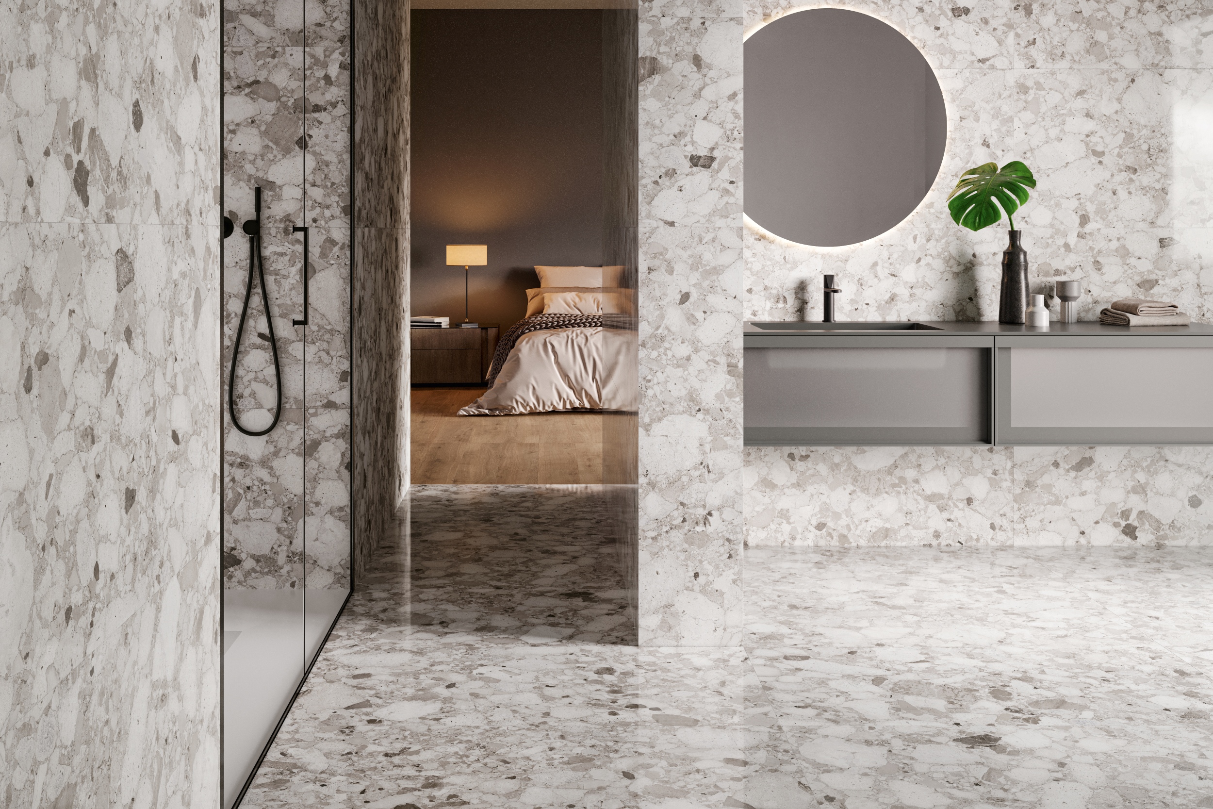 Terrazzo-Fliese große Steinoptik Veni Grey grau glänzend Bodenfliesen Wandfliesen Luxus