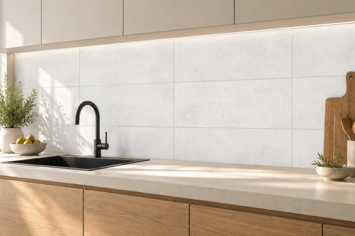 Weißgraue Wandfliesen Madox Blanco mit dezenter wolkiger Betonstruktur, waagerecht als Fliesenspiegel verlegt über einer hellen Arbeitsplatte mit schwarzer Spüle und Armatur sowie Küchenfronten in Holzoptik.