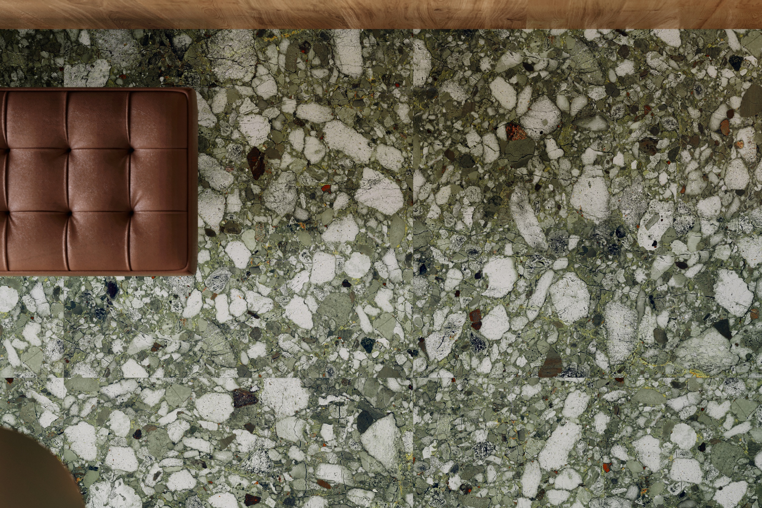 Terrazzo-Fliese große Steinoptik Veni Emerald grün matt Bodenfliesen Wandfliesen Luxus