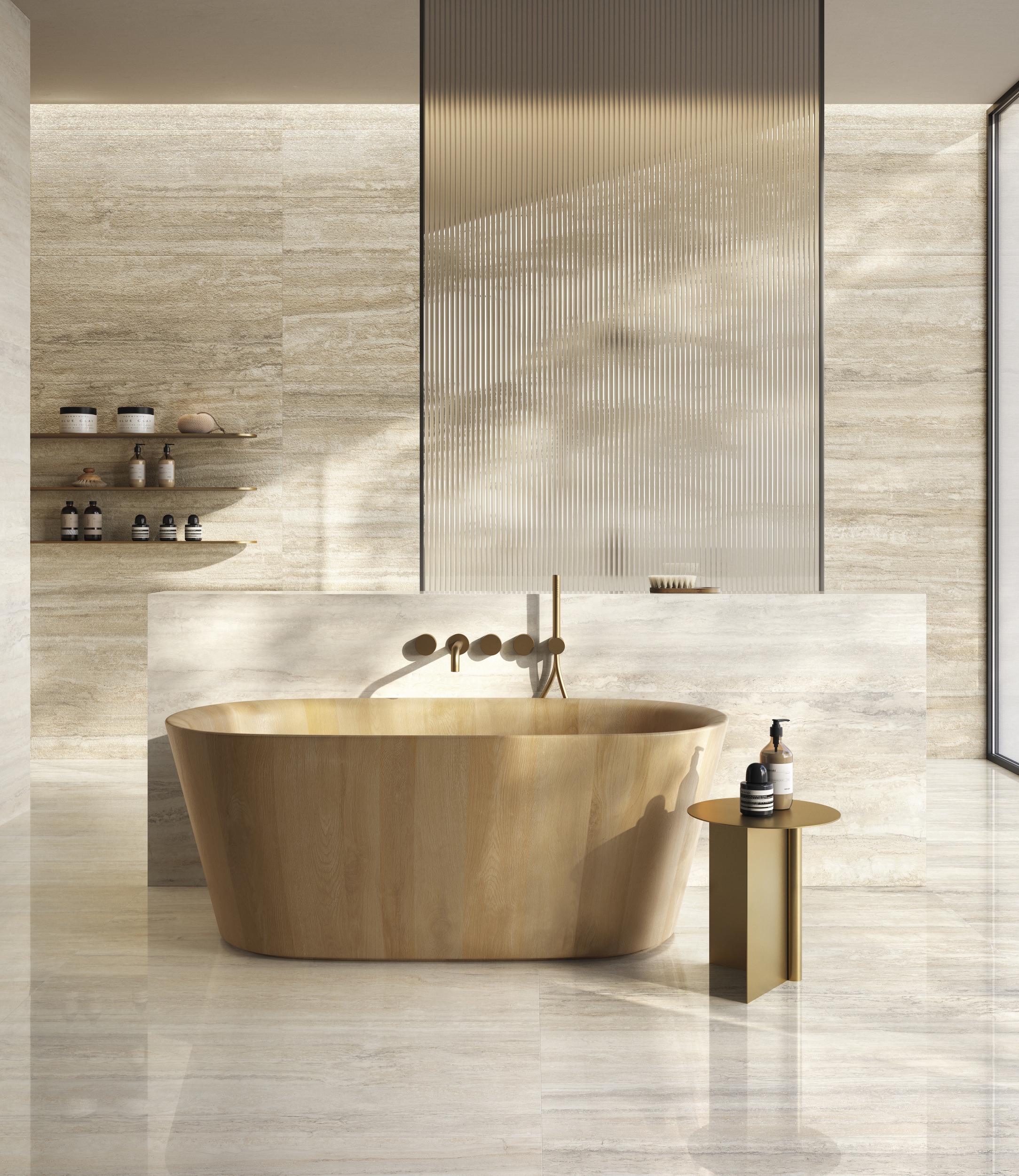 Fliese Travertin-Steinoptik Invictus Ivory Kristall creme glänzend Sant Agostino Ambiente Bodenfliesen