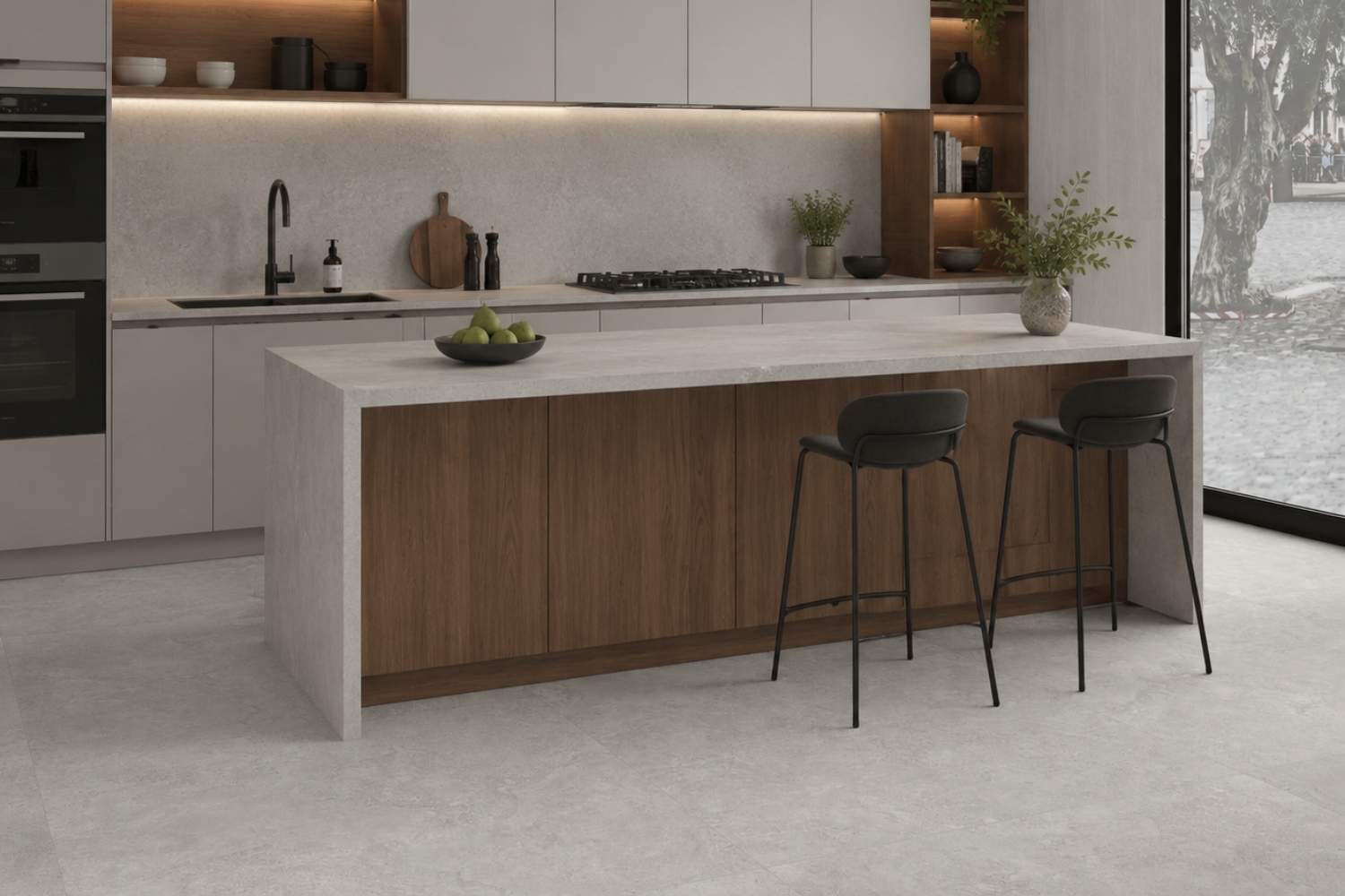 Fliese Steinoptik hellgrau 100x100cm "Southwell Cross Pearl" Feinsteinzeug rektifiziert