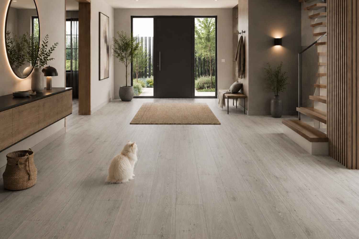 Sagano Grau matt 20x120 cm in grauer Holzoptik im modernen Flur