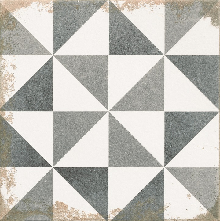 Patchwork-Fliese Zementoptik weiß-schwarz 33,3x33,3 cm "Antique Triangle" Feinsteinzeug rektifiziert