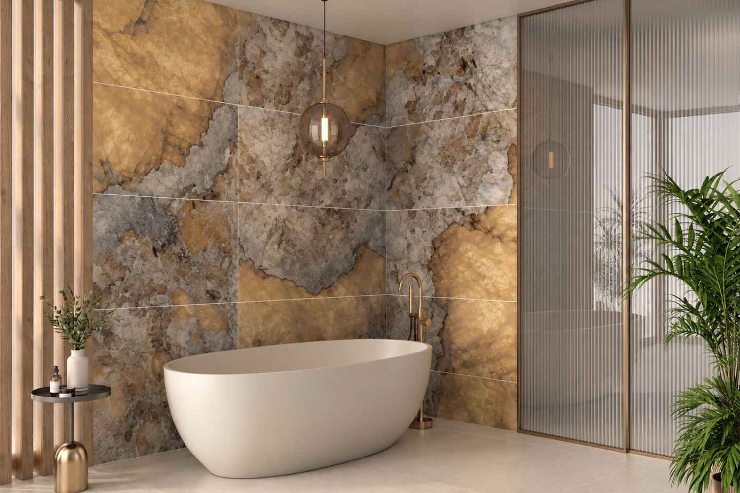 Geoda Gold als großformatige Wandfliese in exklusiver Marmoroptik mit goldenen, cremefarbenen und grauen Strukturen in einem modernen Badezimmer mit freistehender Badewanne
