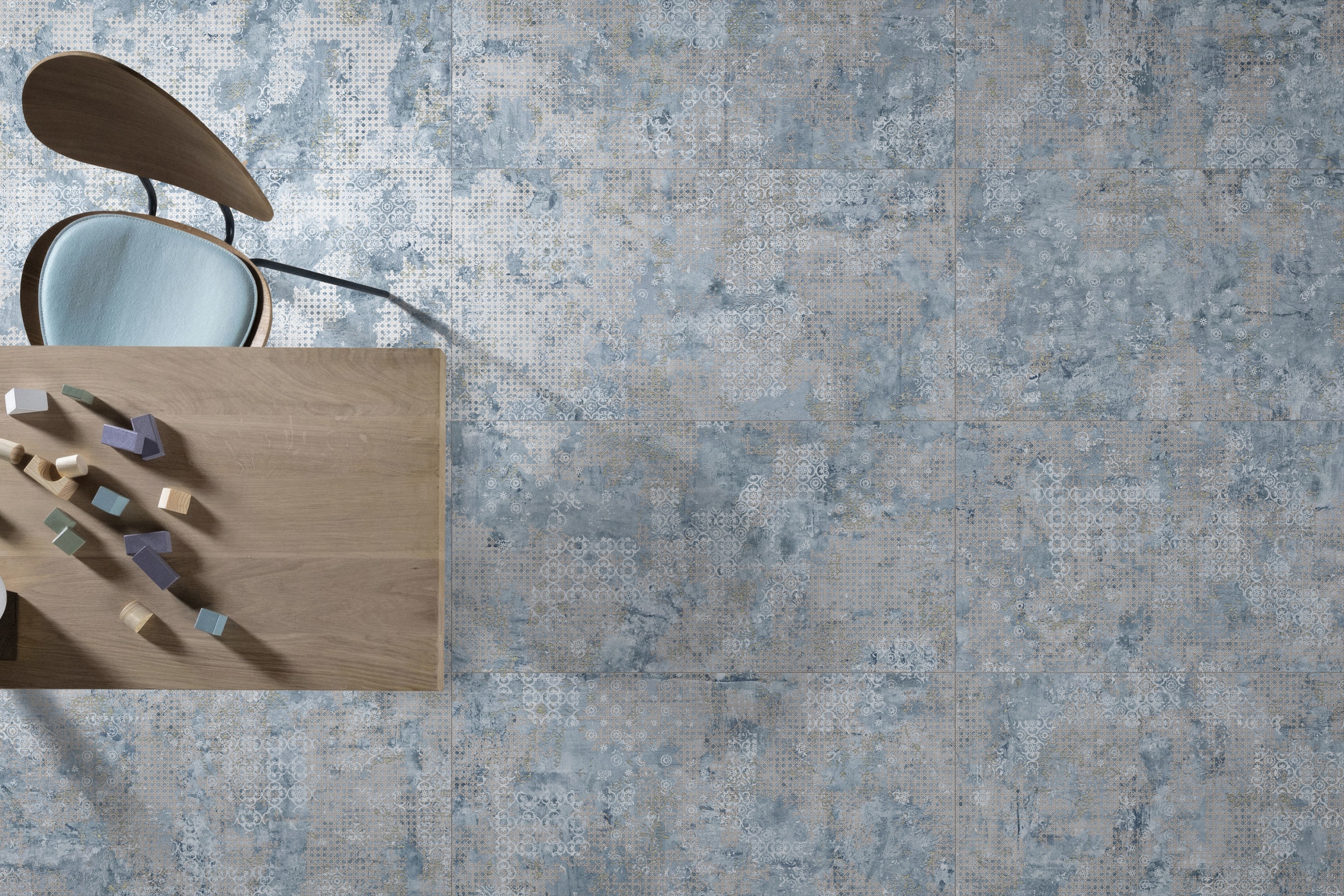 Bodenfliesen Teppichoptik Rug Blue im Wohnzimmer Fliese Vintageoptik blau Ambiente Bodenfliesen Teppichoptik Rug Blue im Wohnzimmer Fliese Vintageoptik blau Ambiente